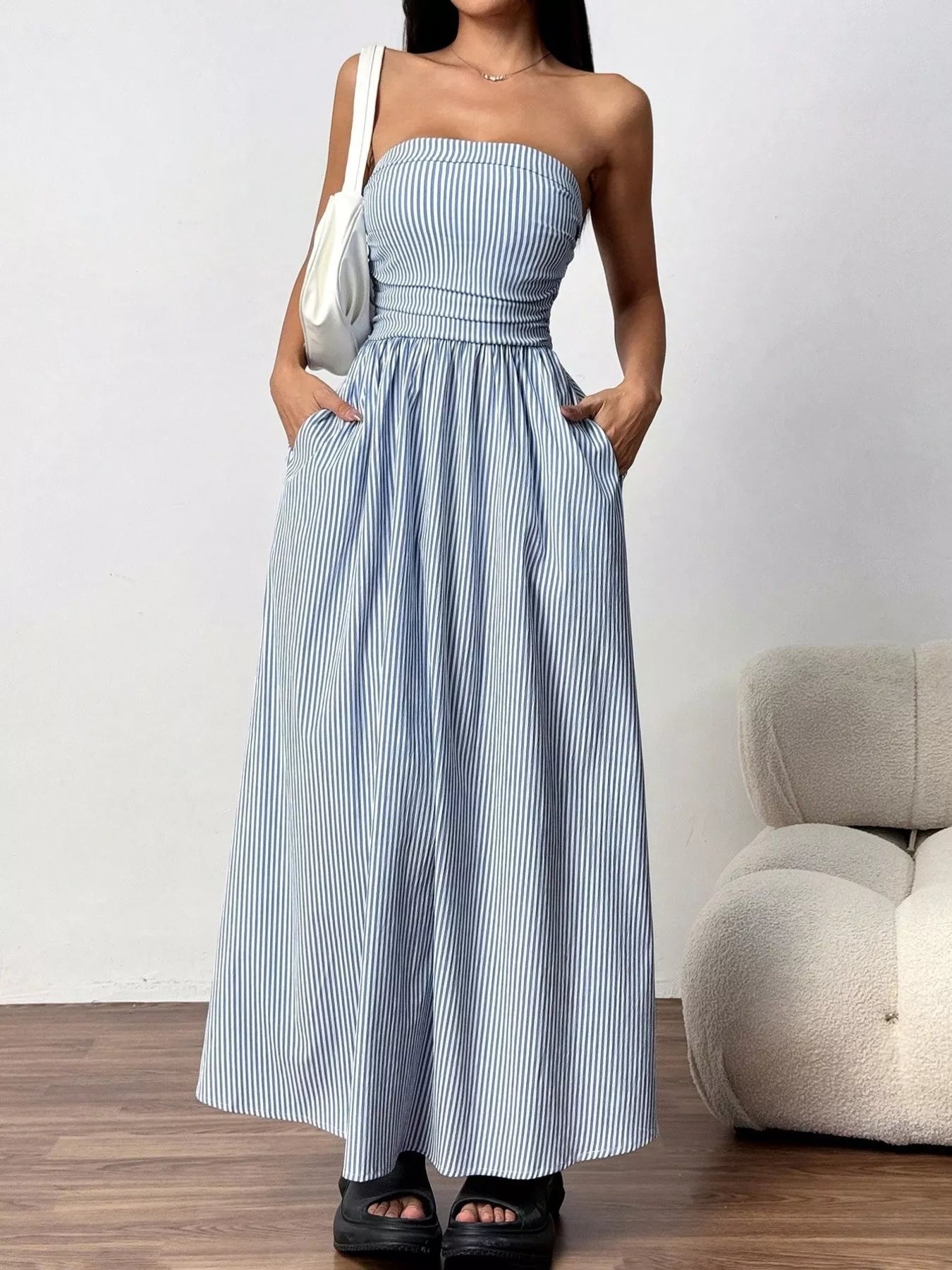 Striped Strapless Casual Maxi Dress by Shopiebay