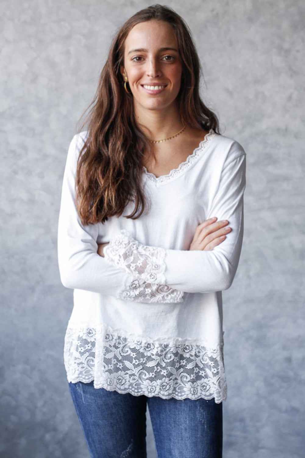 White Lace Trim V Neck Cuffed Long Sleeve Loose Top