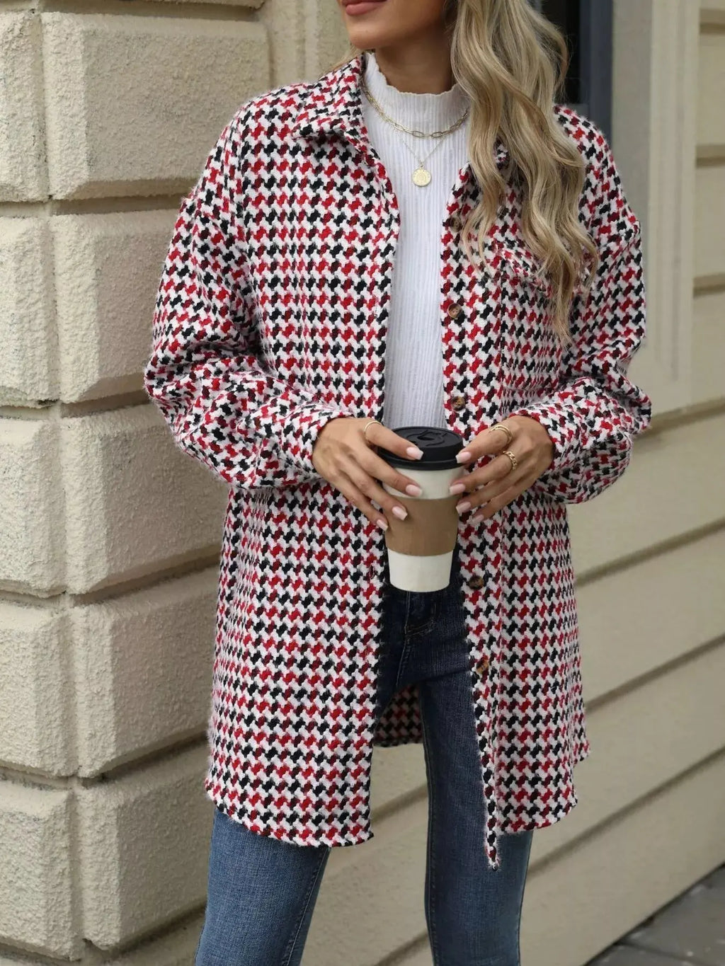 Houndstooth Button Up Long Sleeve Coat