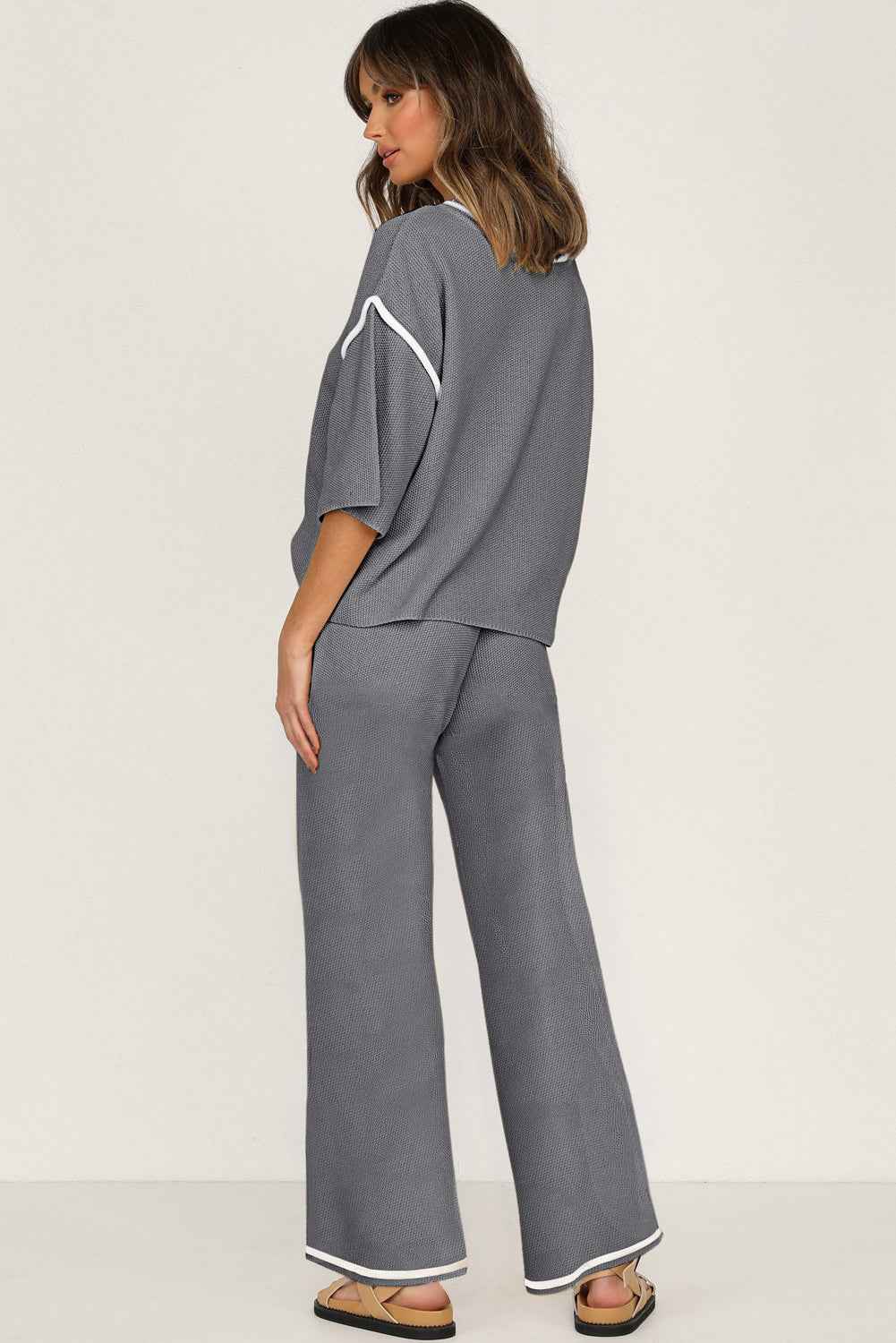 Medium Grey Contrast Trim Half Sleeve Top Drawstring Pants Loose 2pcs Sweater Suit