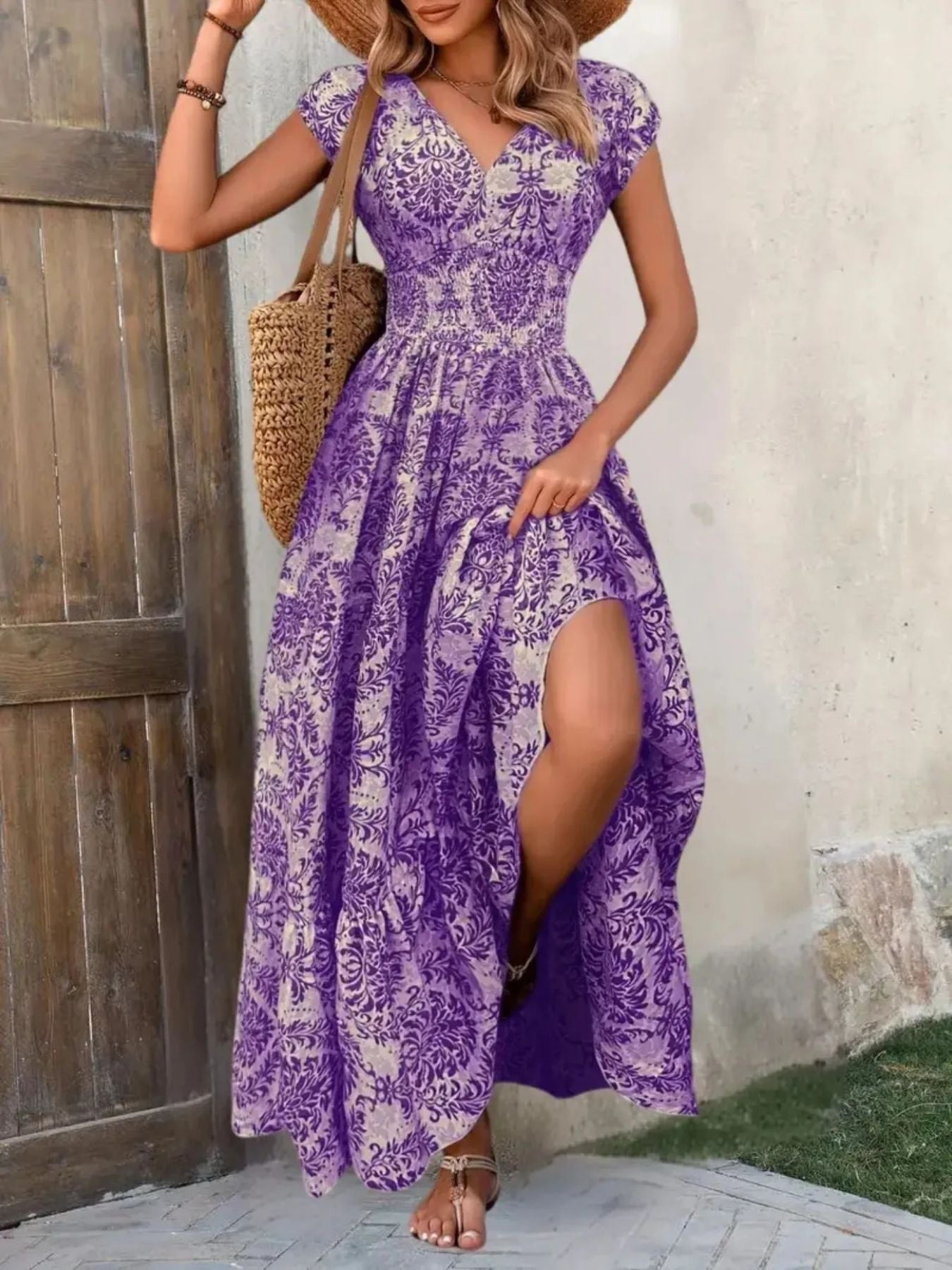 Printed Cap Sleeve Maxi Dress by Shopiebay