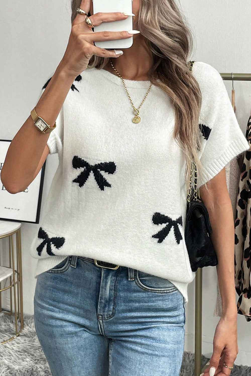 Black Bow Pattern Knit Short Sleeve Sweater by Wild and Free Boutique