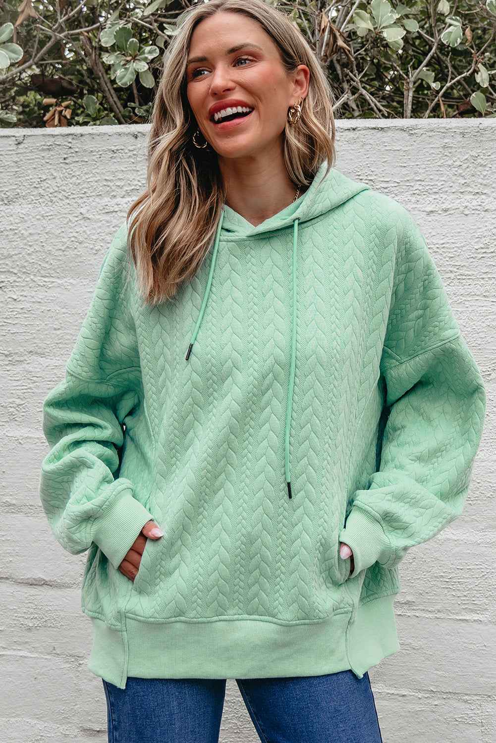 Moonlight Jade Cable Textured Baggy Solid Hoodie