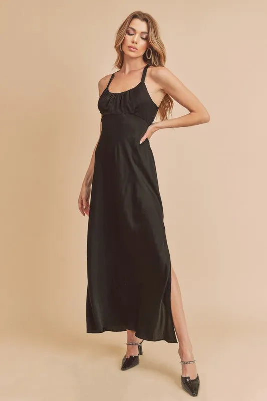 Aemi + Co Ruched Side Slit Cutout Back Maxi Cami Dress by Selvanelle