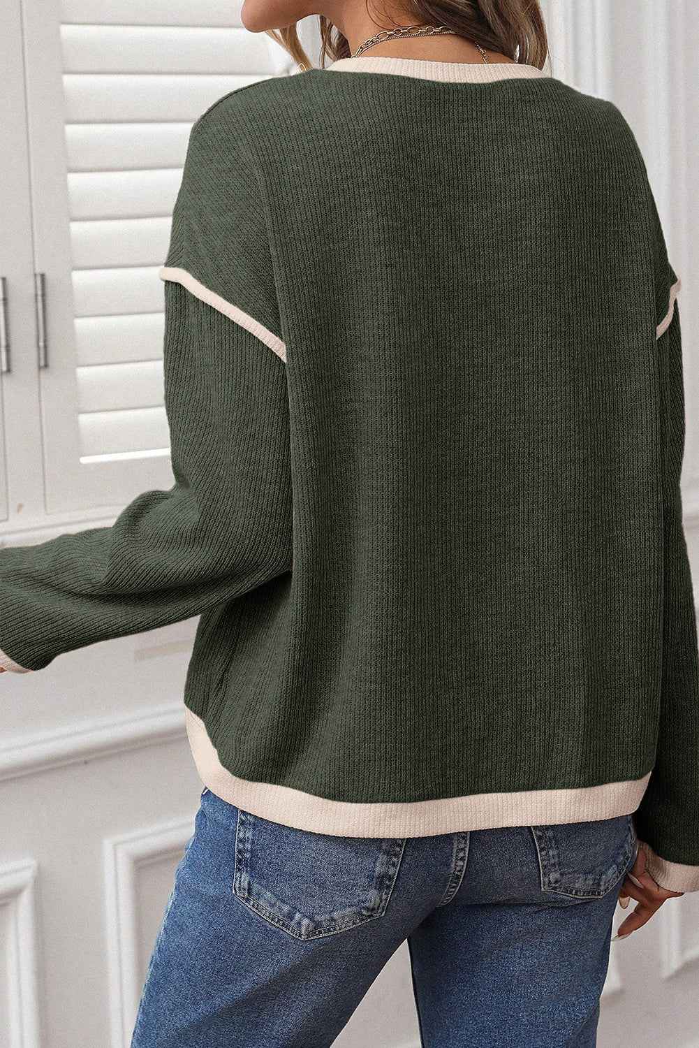 Four Leaf Clover Contrast Color Trim Knit Drop Shoulder Loose Top