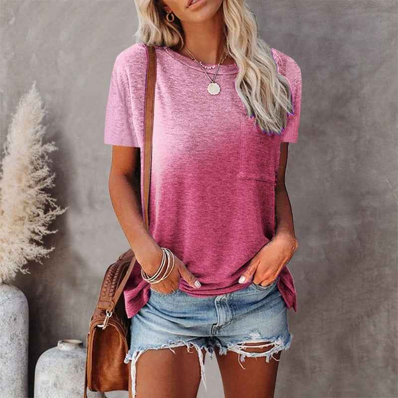 Women's Round Neck Tie-dye Pocket Print Top