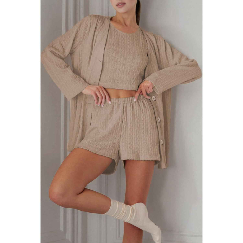 Texture Round Neck Tank, Cardigan and Shorts Set