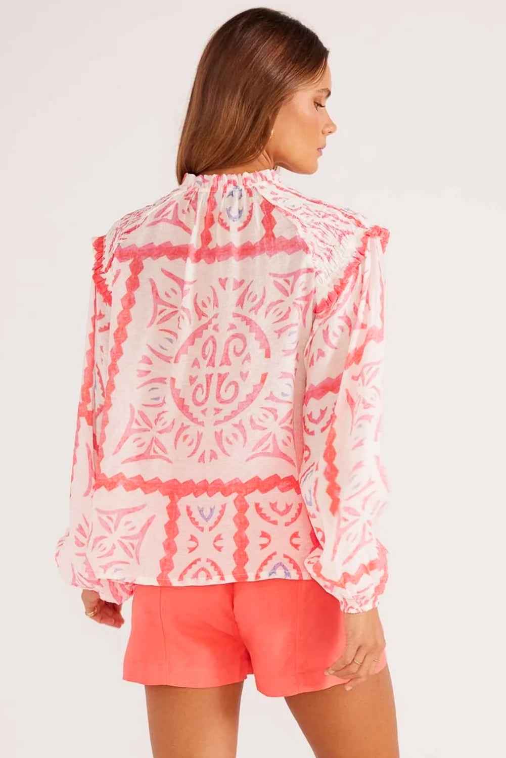 Desert Flower Vintage Print Smocked Poet Collar Billowy Blouson Sleeves Blouse