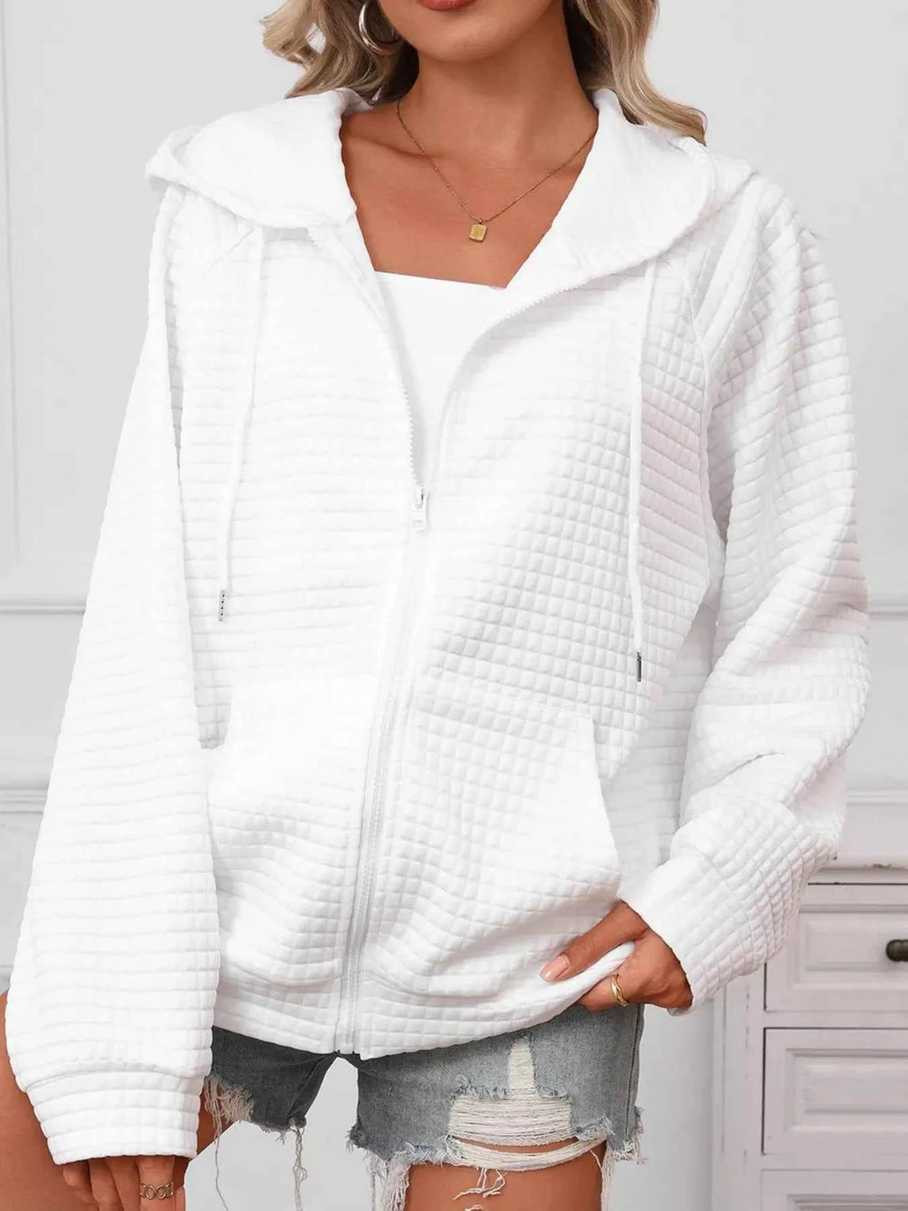 Full Size Textured Quilted Zip-Up Hooded Jacket Plus Size