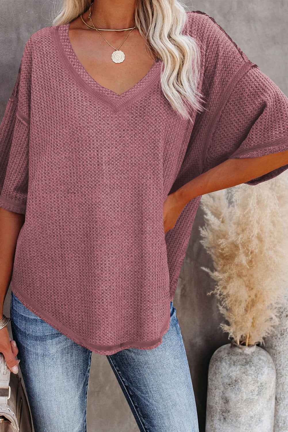 Rose Exposed Seam Drop Sleeve V Neck Waffle Textured Top