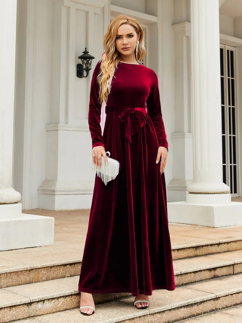 Tie Front Round Neck Long Sleeve Maxi Dress by Shopiebay