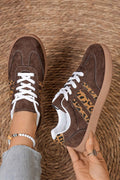 Coffee Contrast Lace-up Leopard Patchwork Detail Faux Suede Shoes