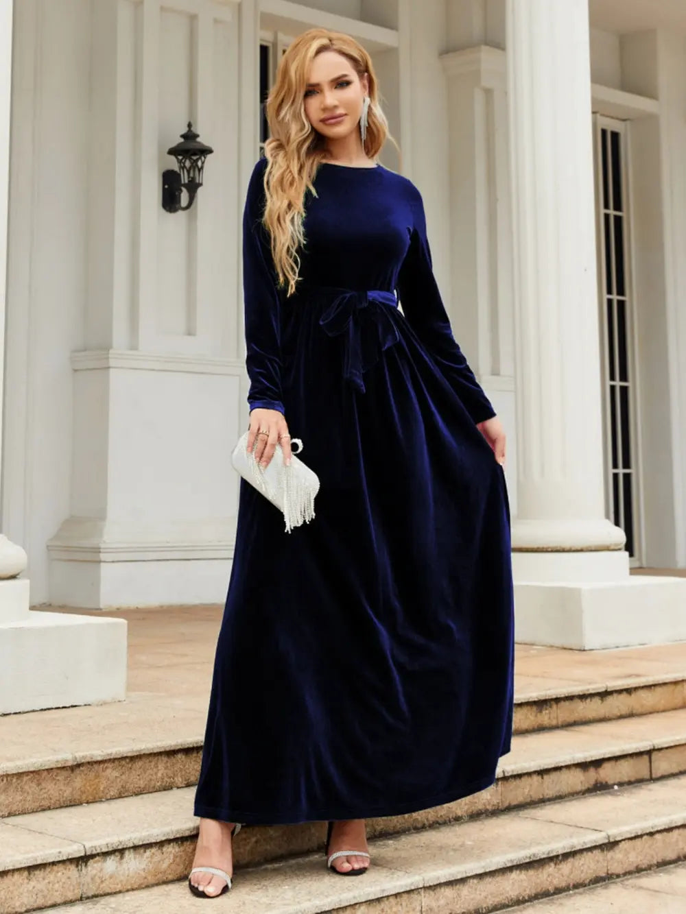 Tie Front Round Neck Long Sleeve Maxi Dress by Shopiebay