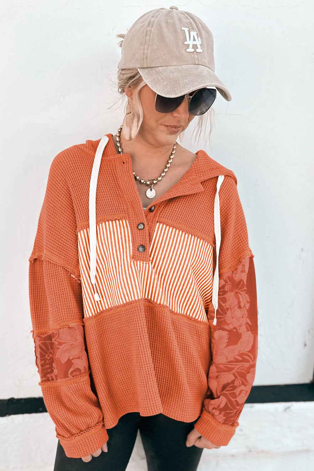 Cinnamon Striped Waffle Patchwork Drawstring Hooded Long Sleeve Top