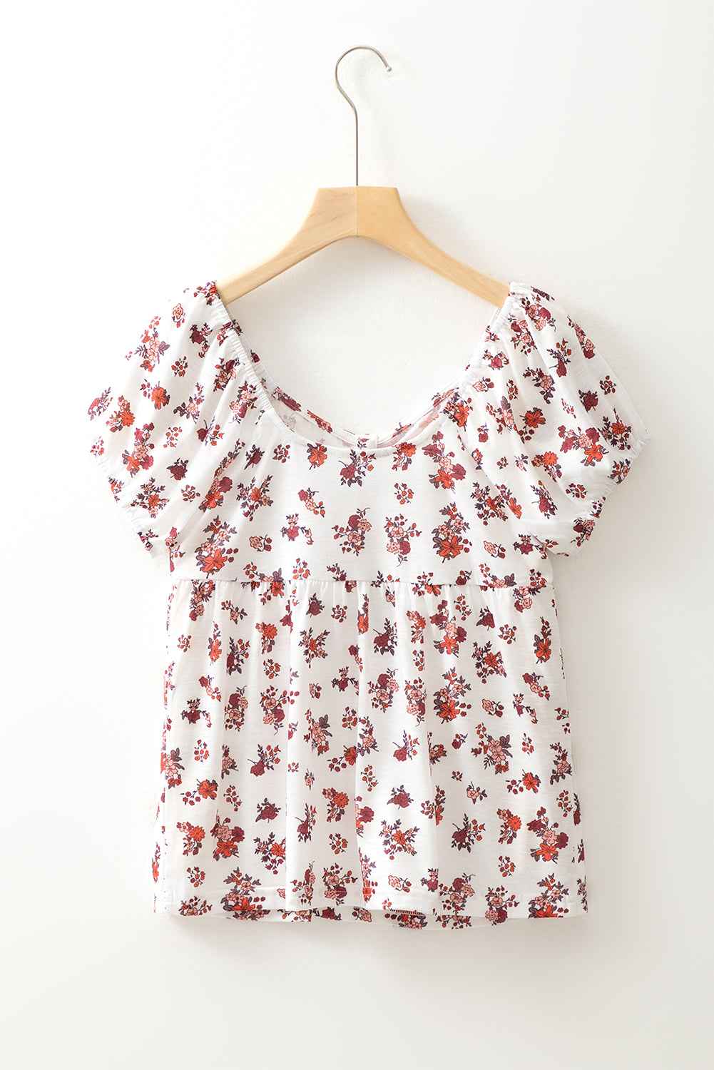 White Boho Floral Ruched Short Sleeve Blouse