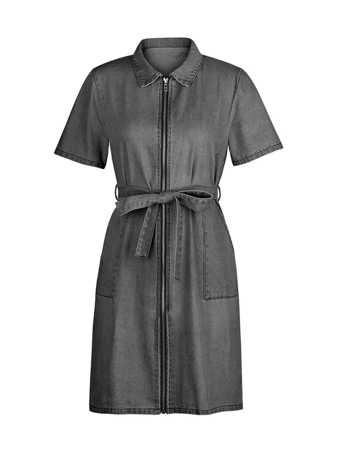 Full Size Zip Front Short Sleeve Denim Dress Plus Size by Selvanelle