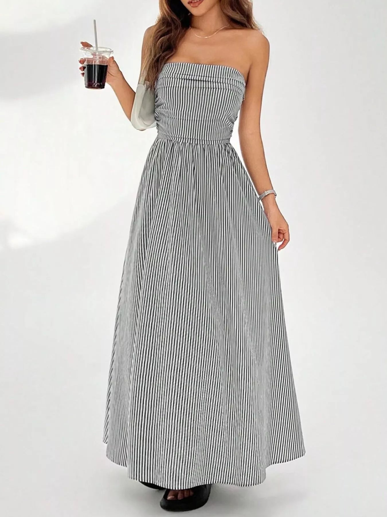 Striped Strapless Casual Maxi Dress by Shopiebay