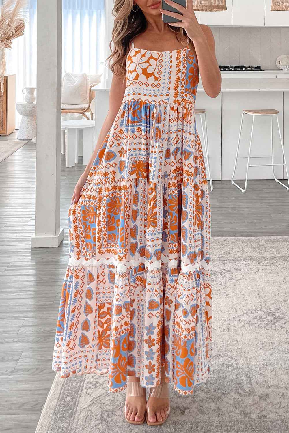 Orange Floral Print Ricrac Trim Spaghetti Straps Maxi Dress