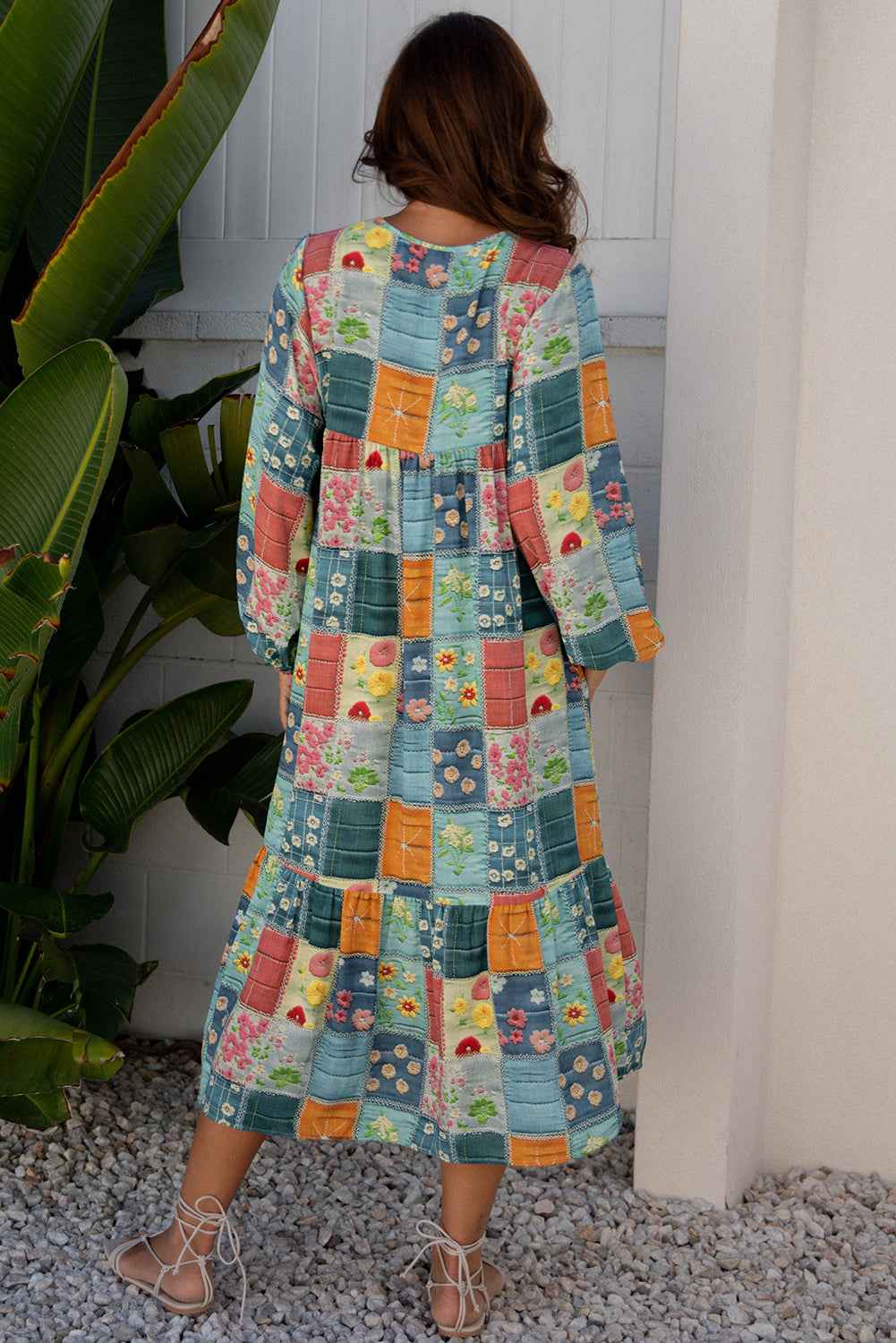 Sky Blue Mix Floral Checkered Pattern Bubble Sleeve Ruffle Hem Dress