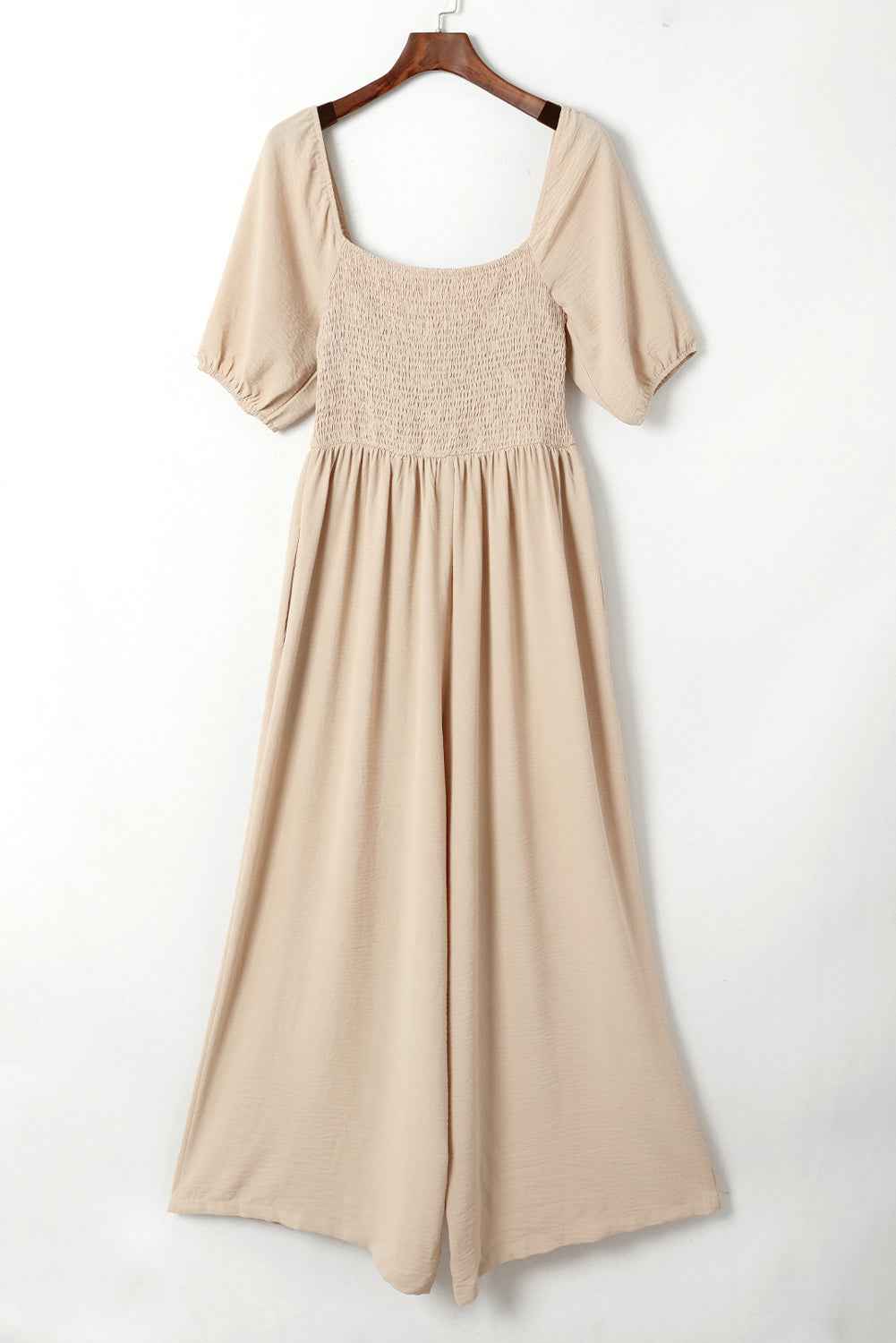 Apricot Short Bubble Sleeve Smocked Wide Leg Jumpsuit