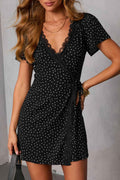 Black Polka Dot Print Lace Trim Wrap Mini Dress