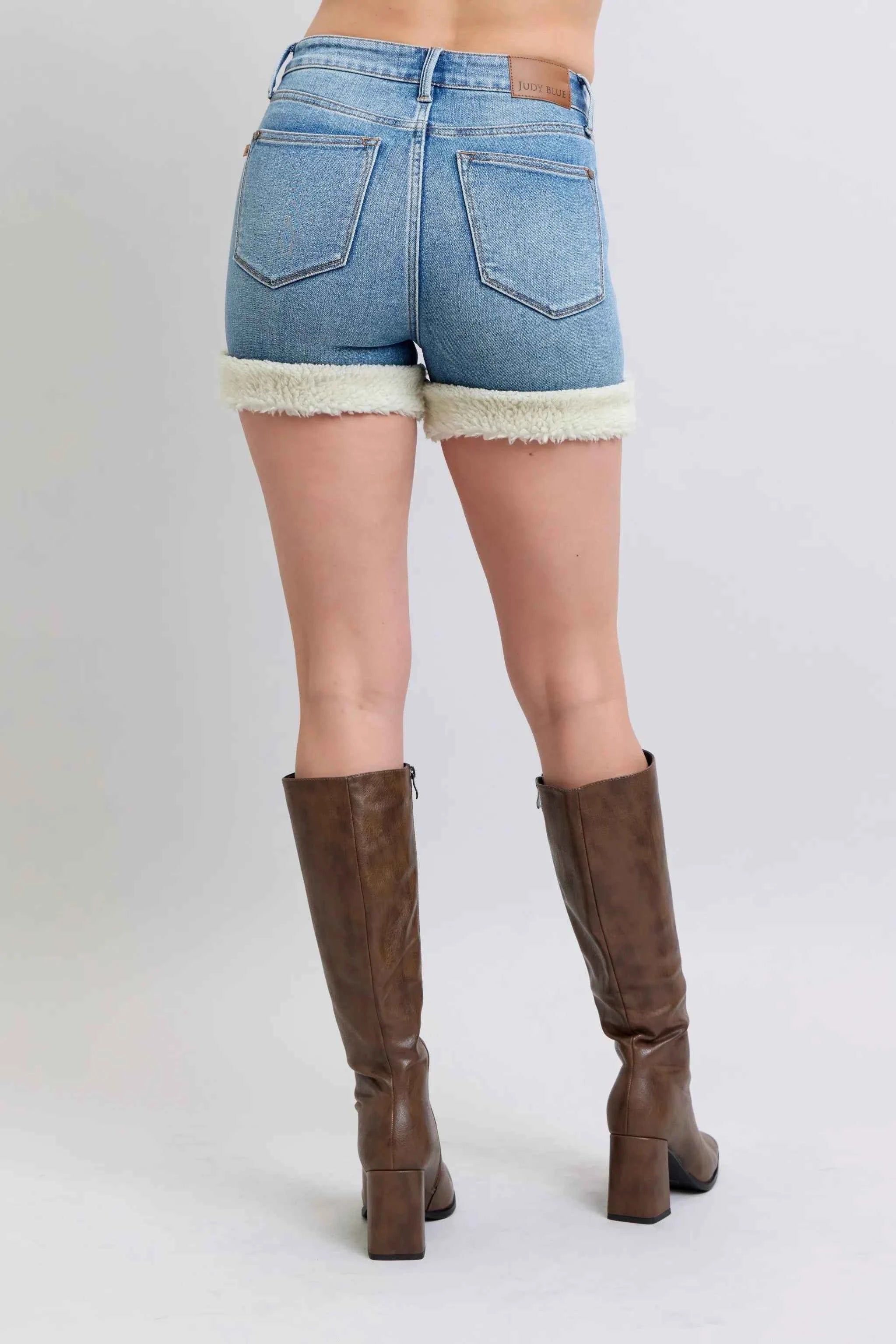 Judy Blue Full Size Hw Tummy Control Shearling Cuff Denim Shorts Plus Size