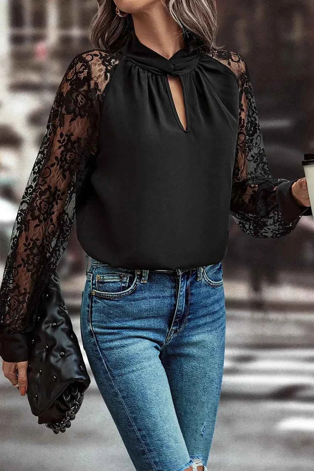 Cutout Lace Detail Long Sleeve Blouse
