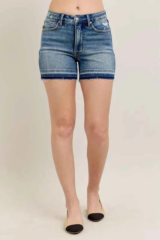 Judy Blue Full Size Mr Tummy Control Vintage Wash Release Hem Shorts Plus Size by Wild and Free Boutique