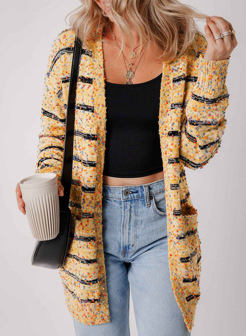 Beige Striped Pom Pom Knit Open Front Long Cardigan by Wild and Free Boutique