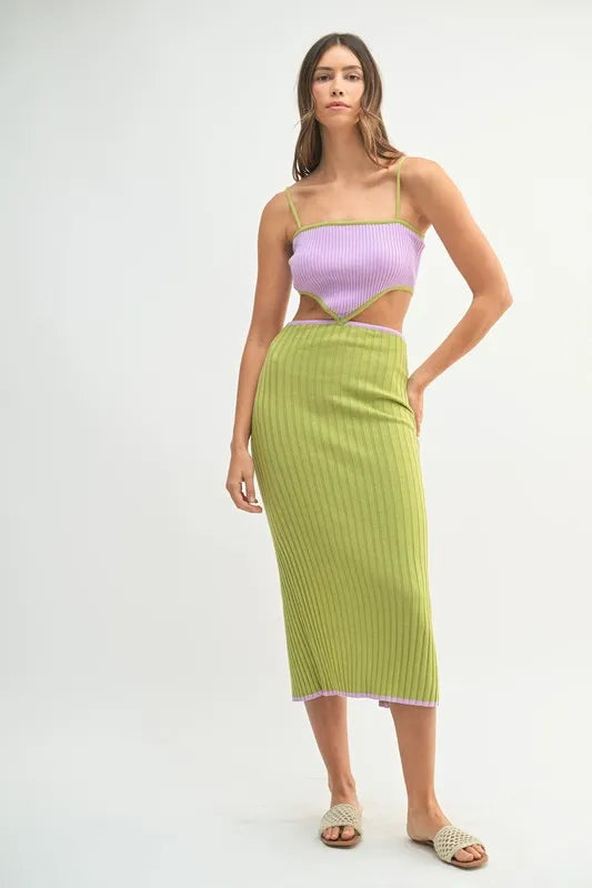 MABLE Ribbed Knit Color Block Cutout Midi Dress by Selvanelle