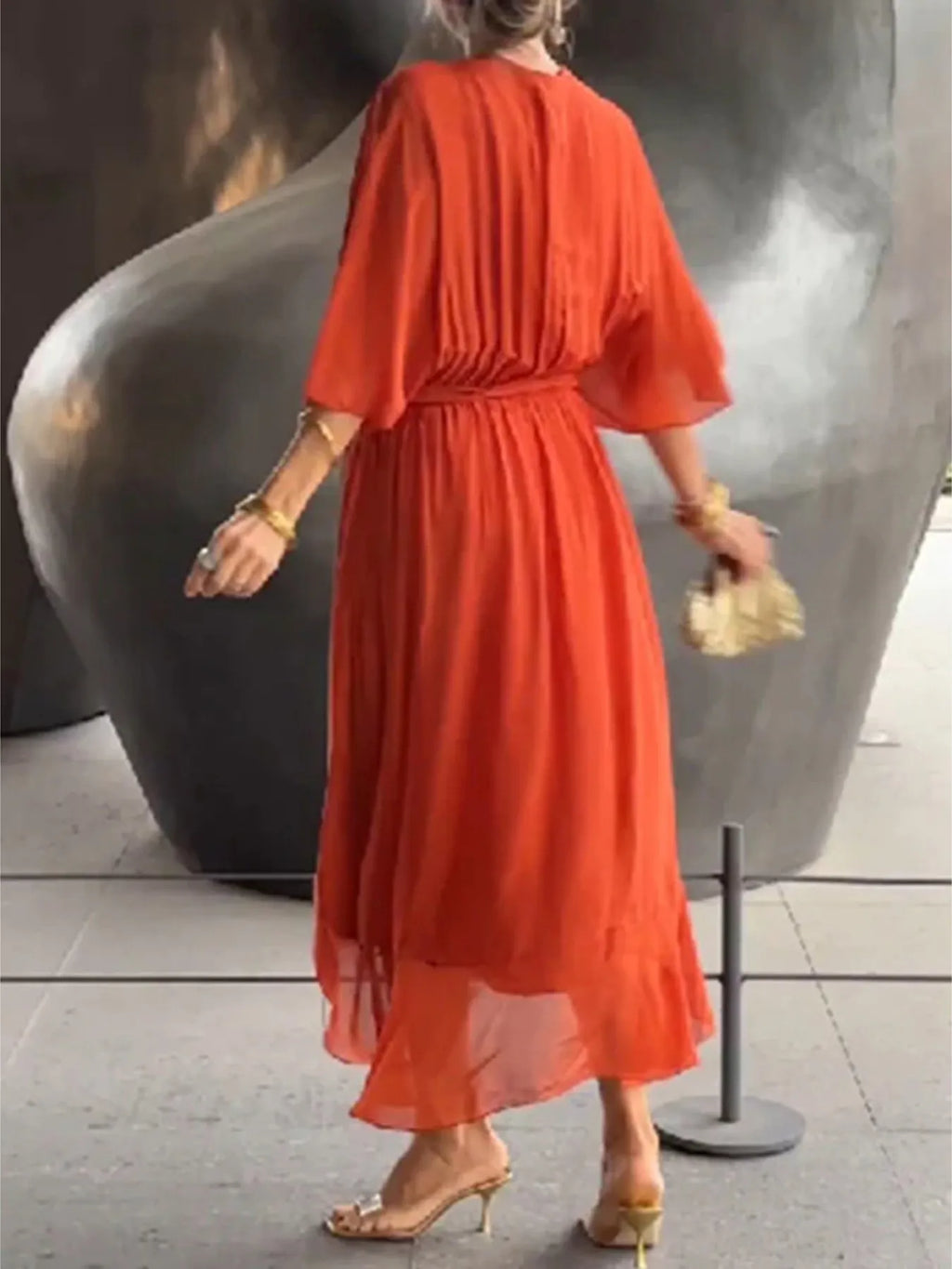 Flowy Tie Front Midi Dress with Flutter Sleeves by Shopiebay