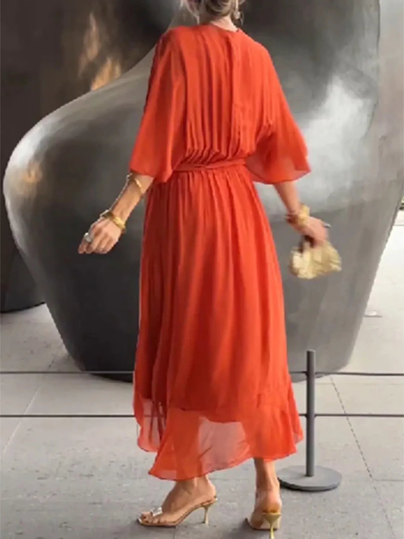 Flowy Tie Front Midi Dress with Flutter Sleeves by Shopiebay