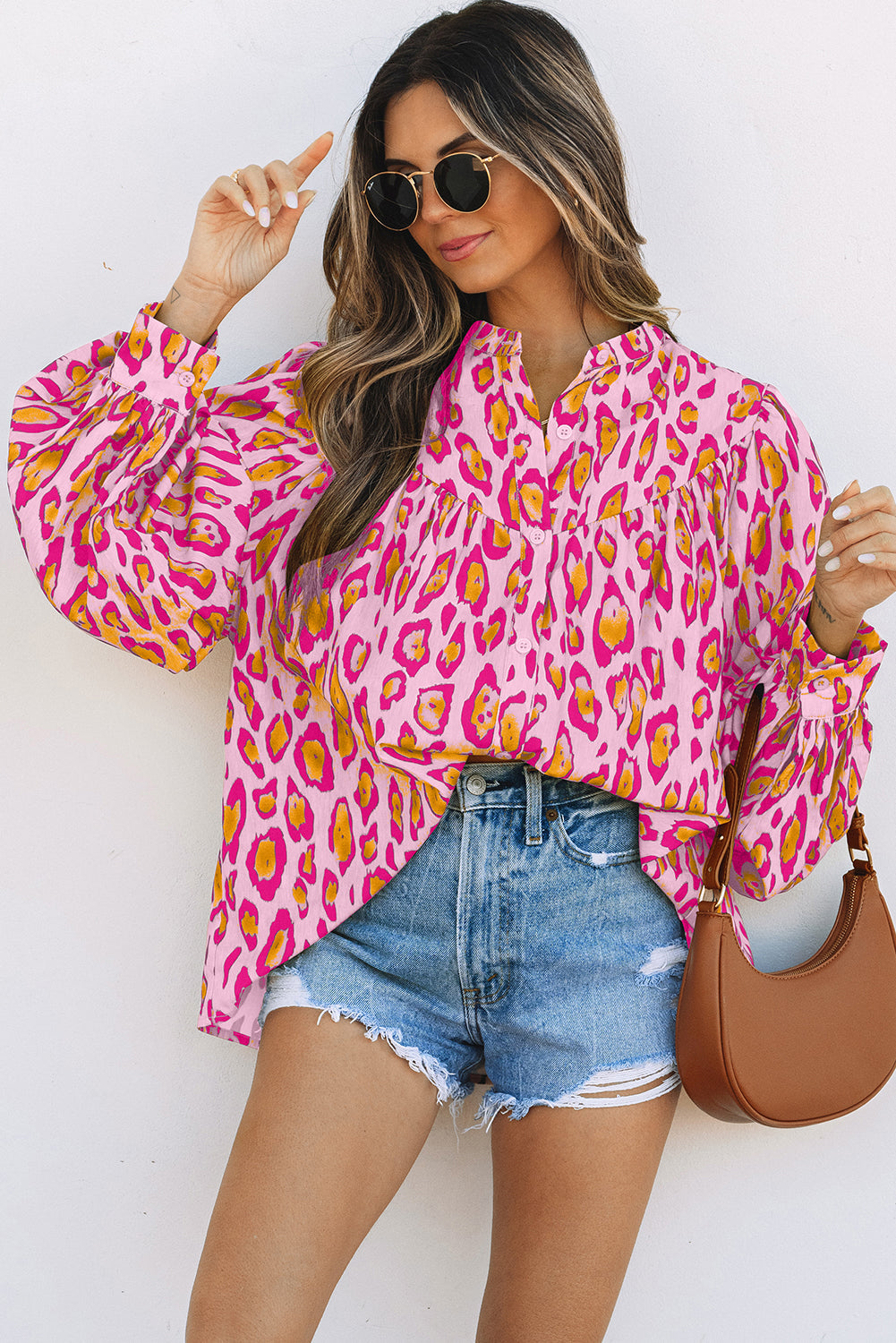 Light French Beige Oversized Leopard Print Balloon Sleeve Casual Shirt
