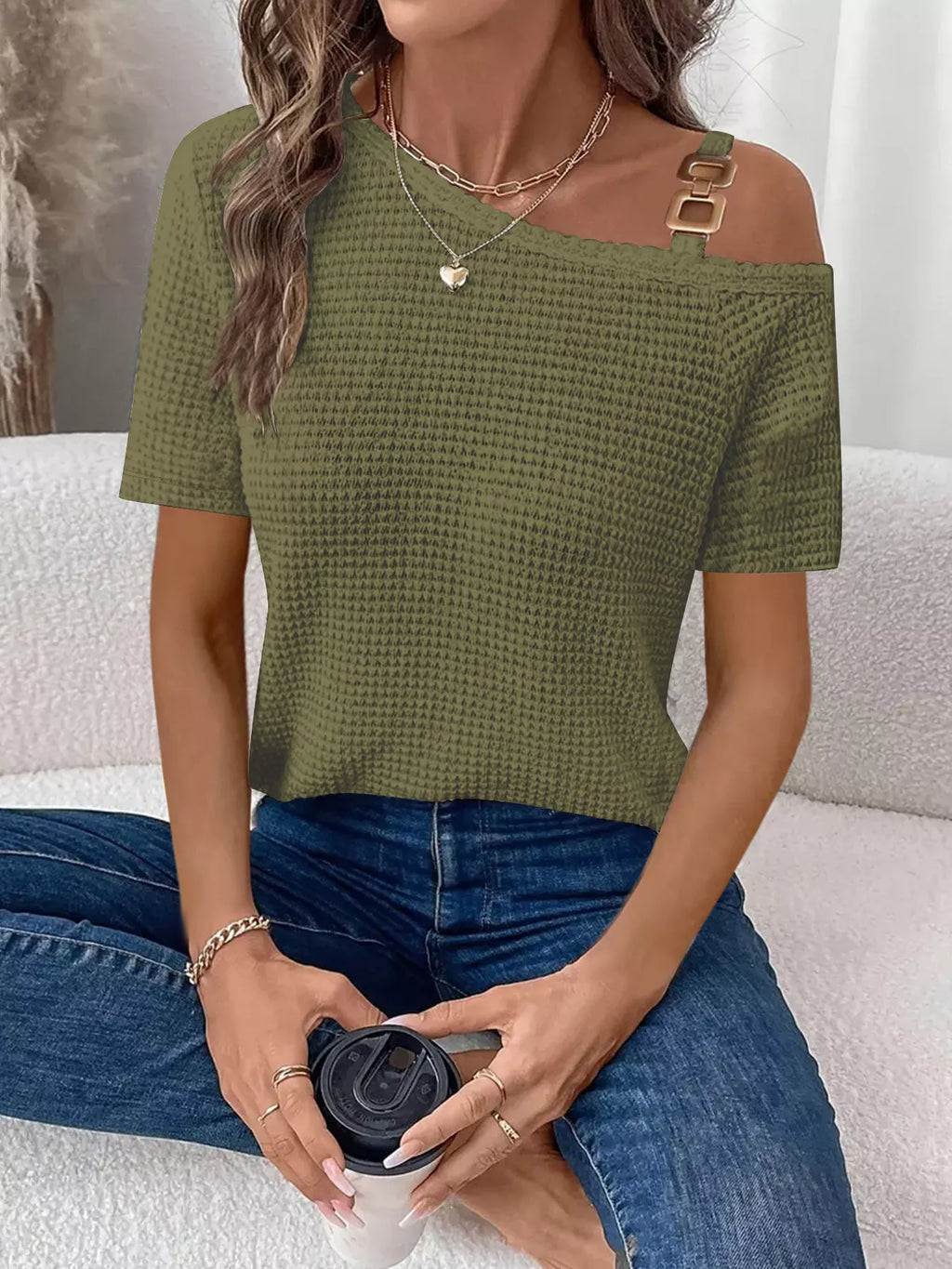 Chain Detail Waffle Knit One Shoulder T Shirt