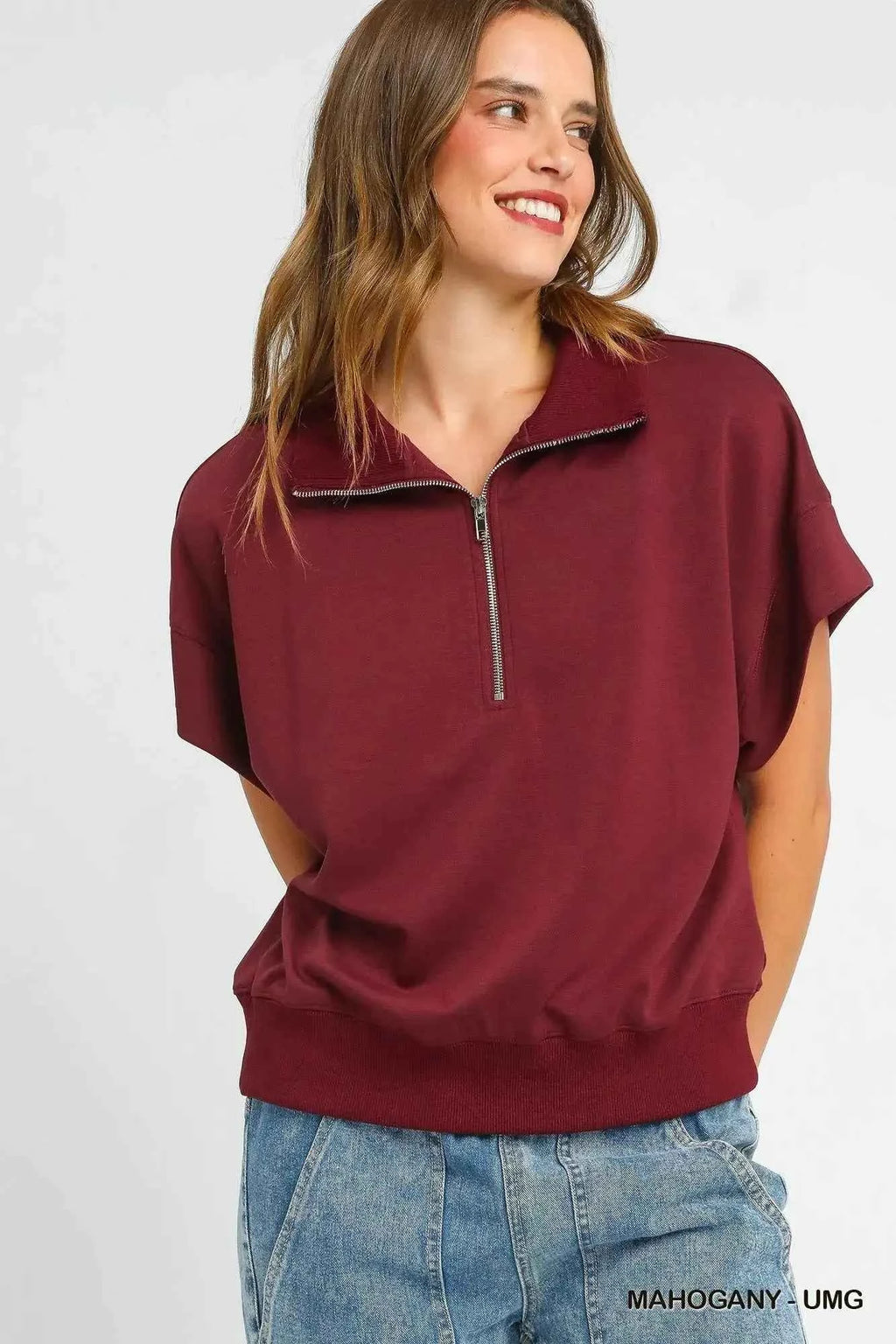 Umgee Plus Size Half-Zip Short Sleeve Top