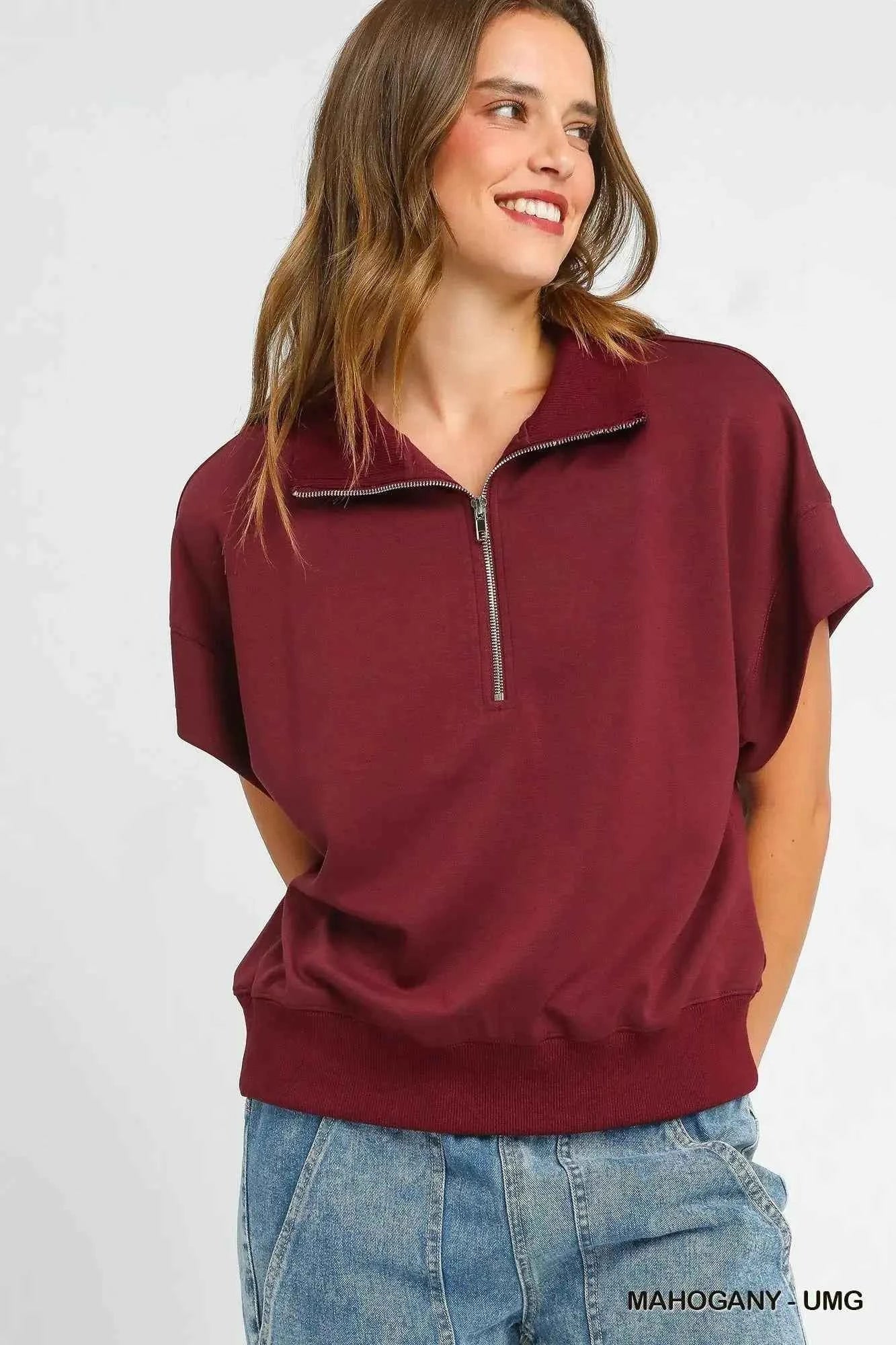 Umgee Plus Size Half-Zip Short Sleeve Top