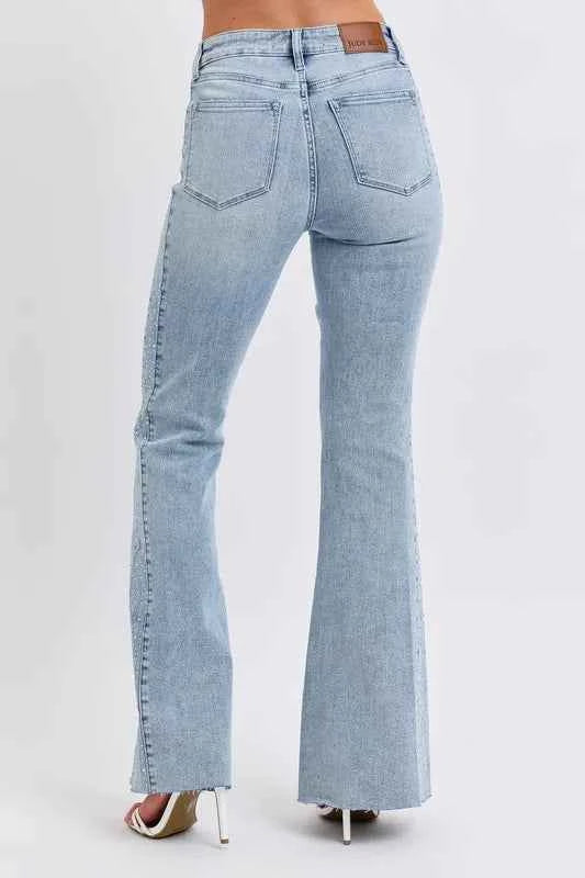 Judy Blue Full Size Mid Rise Rhinestone Side Panel Detail Flare Jeans Plus Size
