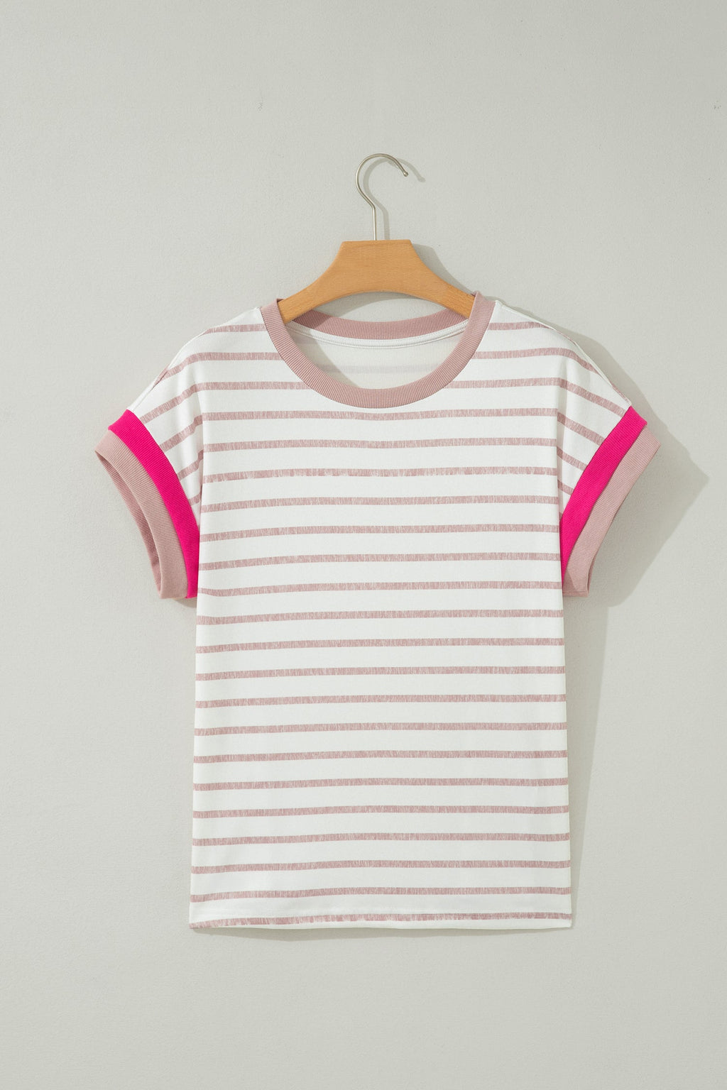 Khaki Stripe Color Block Trim Round Neck Short Sleeve Top