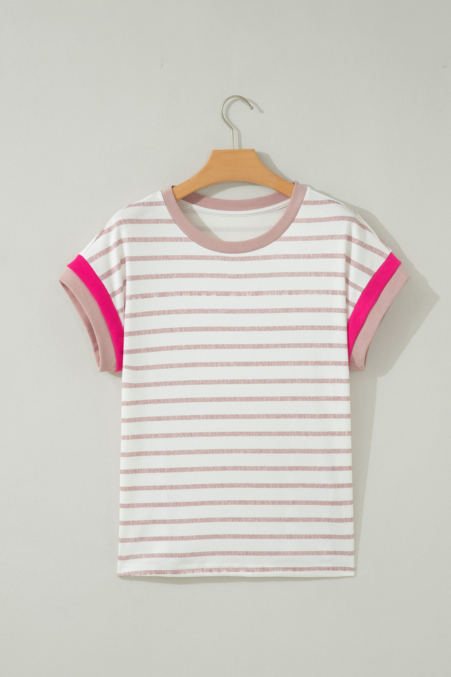 Khaki Stripe Color Block Trim Round Neck Short Sleeve Top