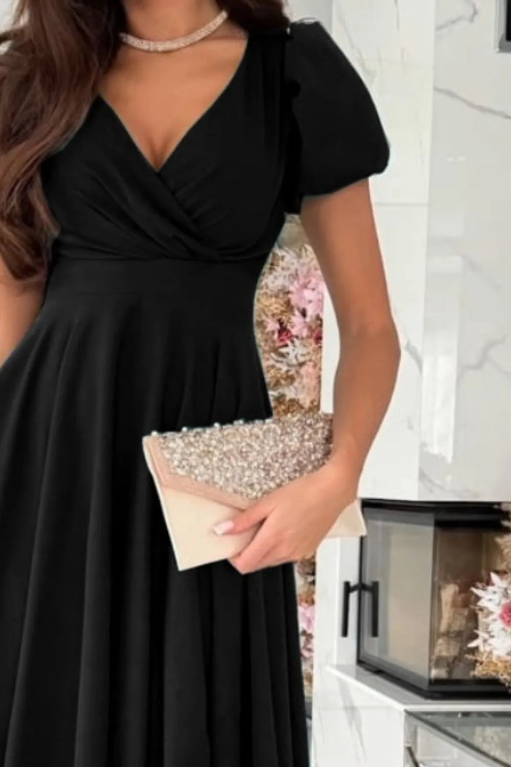 Surplice Puff Sleeve Midi Dress by Shopiebay