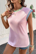 Pink Color Block Corded Knit Crew Neck Tee
