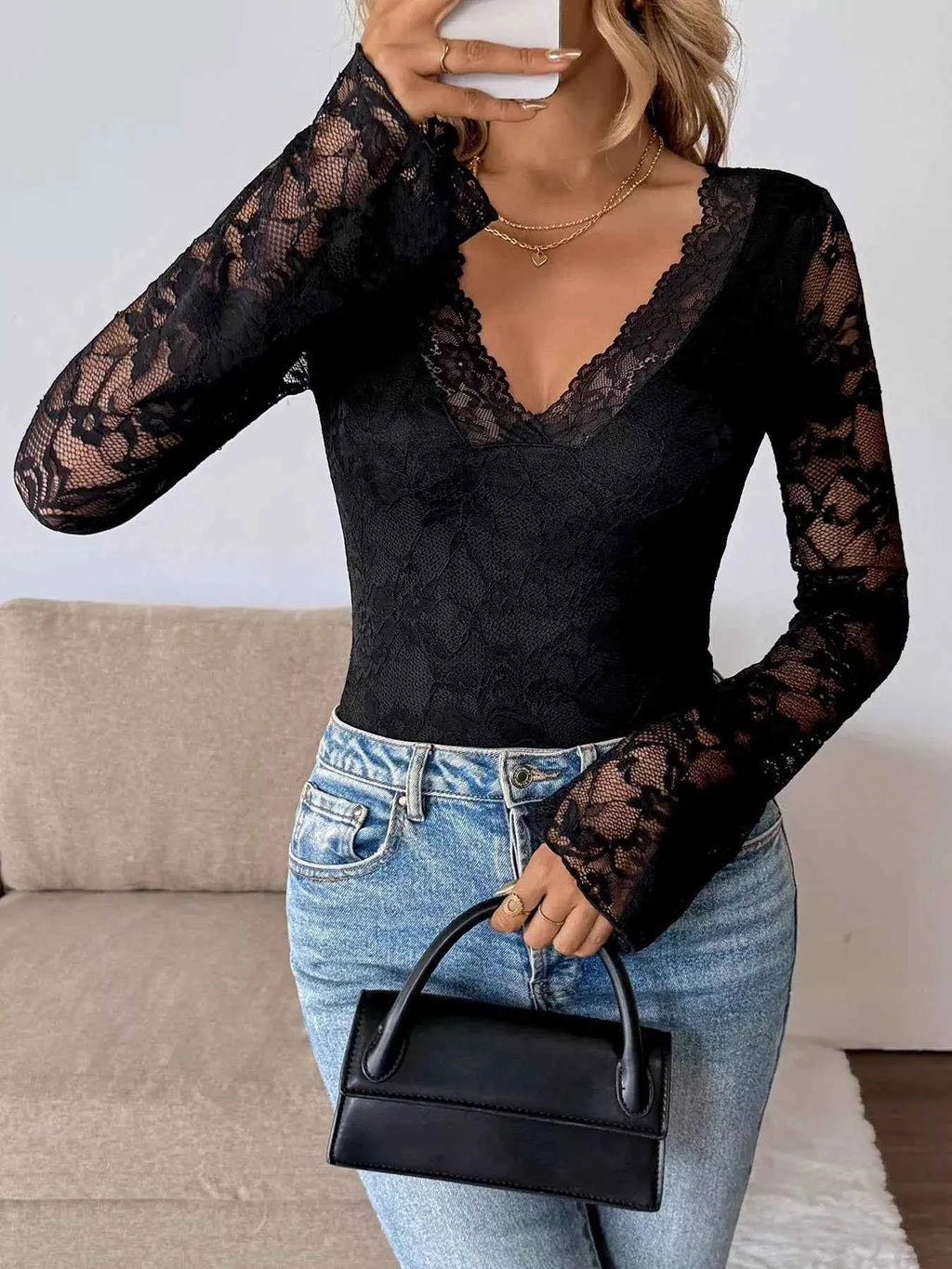 Lace V Neck Long Sleeve T Shirt