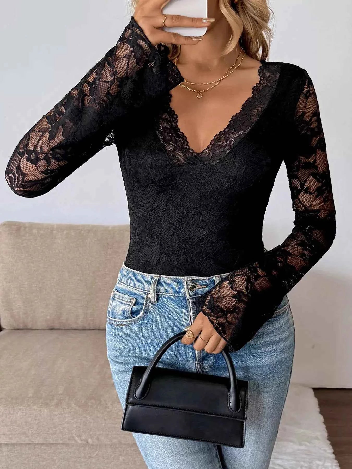 Lace V Neck Long Sleeve T Shirt
