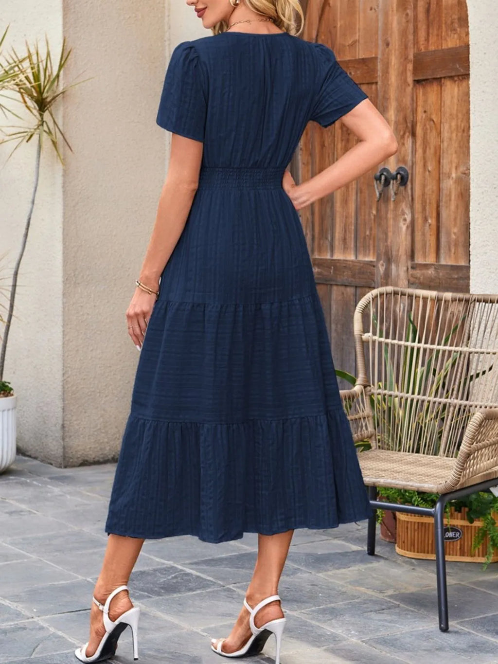 Tiered Notched Short Sleeve Dress by Shopiebay