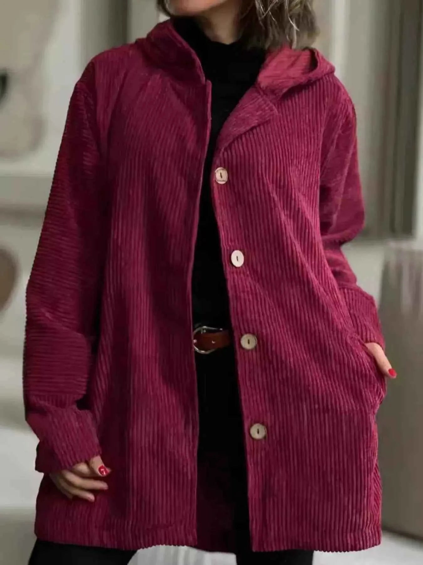 Full Size Corduroy Hooded Button Up Jacket