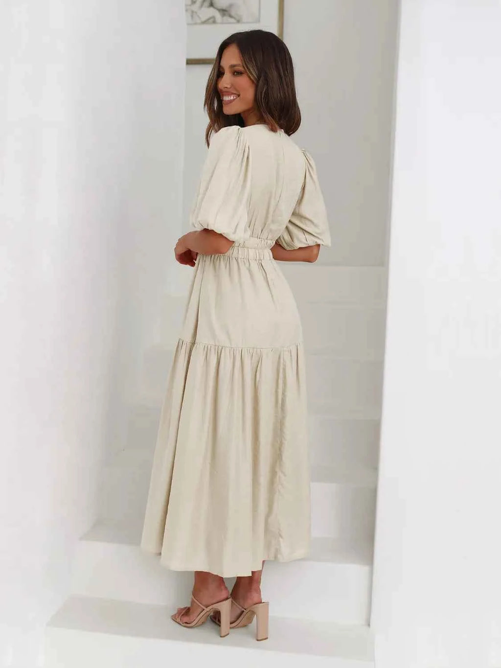 Tiered Surplice Half Sleeve Midi Dress