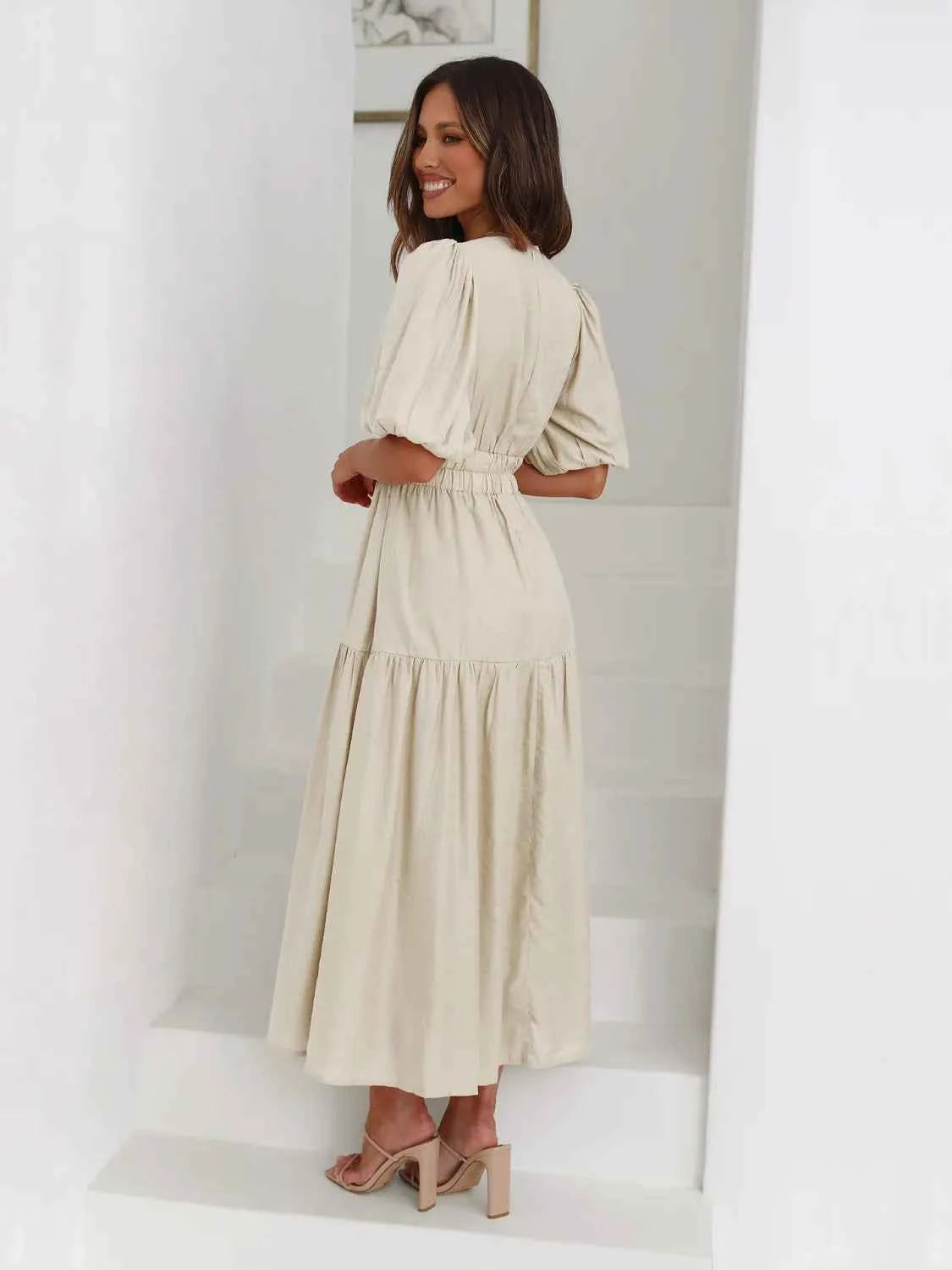 Tiered Surplice Half Sleeve Midi Dress