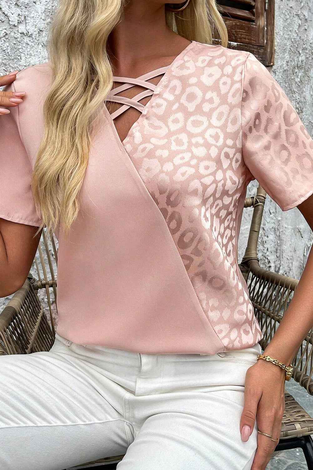 Apricot Pink Leopard Patchwork Cross Strappy V Neck Blouse