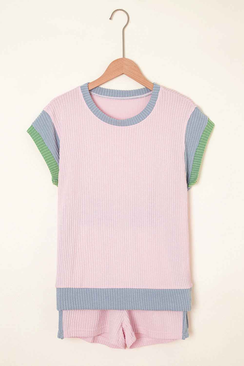 Light Pink Colorblock Corded Short Sleeve Boxy Top and Shorts Set by Wild and Free Boutique