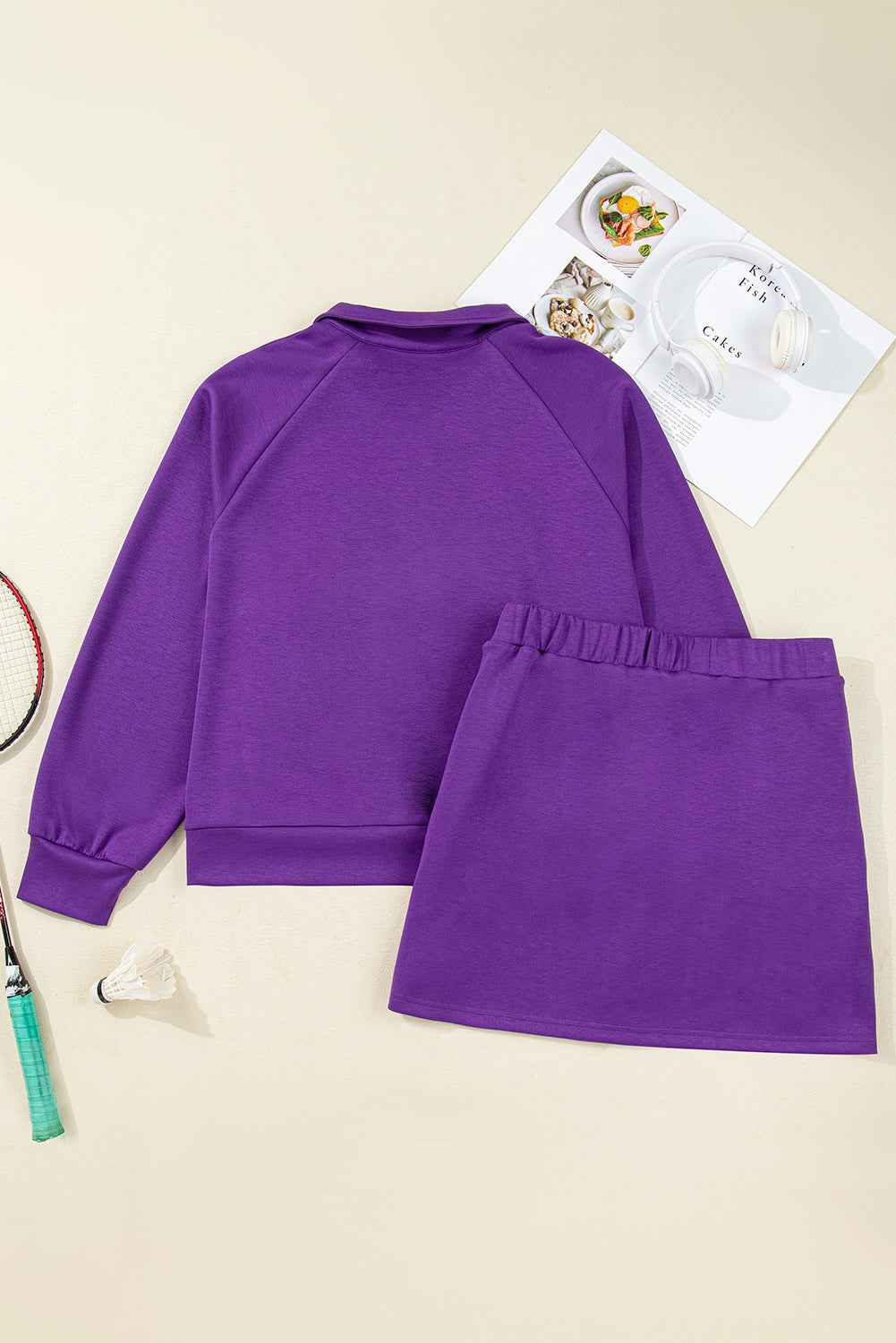 Wisteria Collar Half Zip Pullover Mini Skirt Plus Size 2pcs Set